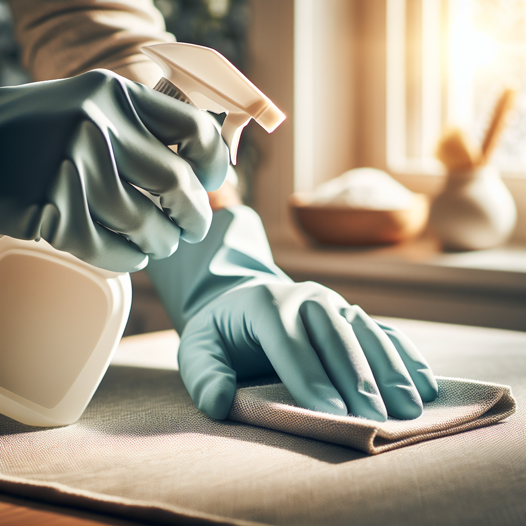 A close-up shot of gloved hands effectively cleaning a surface (e.g., a fabric car seat or a kitchen counter) with a spray bottle and a clean cloth. The background is slightly blurred but suggests a domestic setting. Freshness and cleanliness are implied, with subtle elements like an open window allowing fresh air or a bowl of natural odor absorber (e.g., baking soda) nearby. Bright, clean, and optimistic feel.
