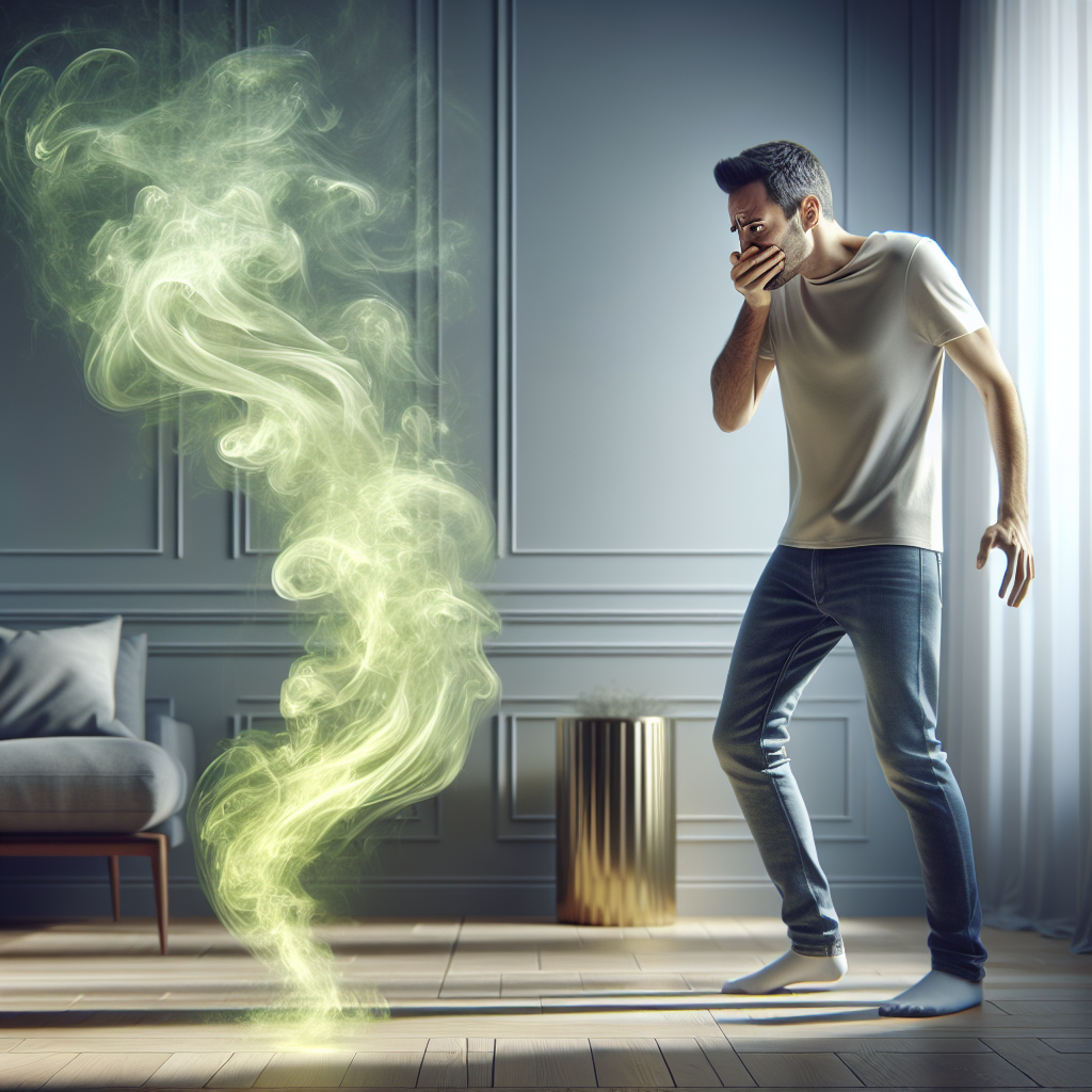 A person, visibly disgusted and recoiling, standing in a clean, modern living room that is subtly filled with a swirling, translucent, greenish-yellow vapor representing a strong, foul, rancid odor. The vapor seems to emanate from a small, almost invisible spill on the floor or a piece of fabric, creating an oppressive and unpleasant atmosphere. Photorealistic style, dramatic lighting.