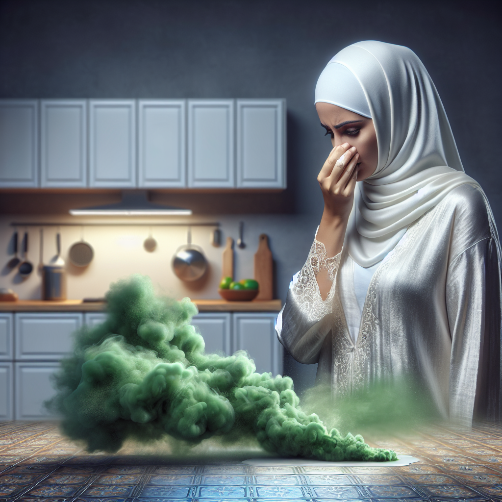 A visibly unpleasant, strong, rancid odor permeates a clean, modern kitchen. A subtle, green-yellow atmospheric haze emanates from a small spill on the floor or a piece of fabric. A person in the background is subtly wrinkling their nose or recoiling, indicating strong discomfort. Realistic, clean style, focusing on conveying an invisible, offensive smell.