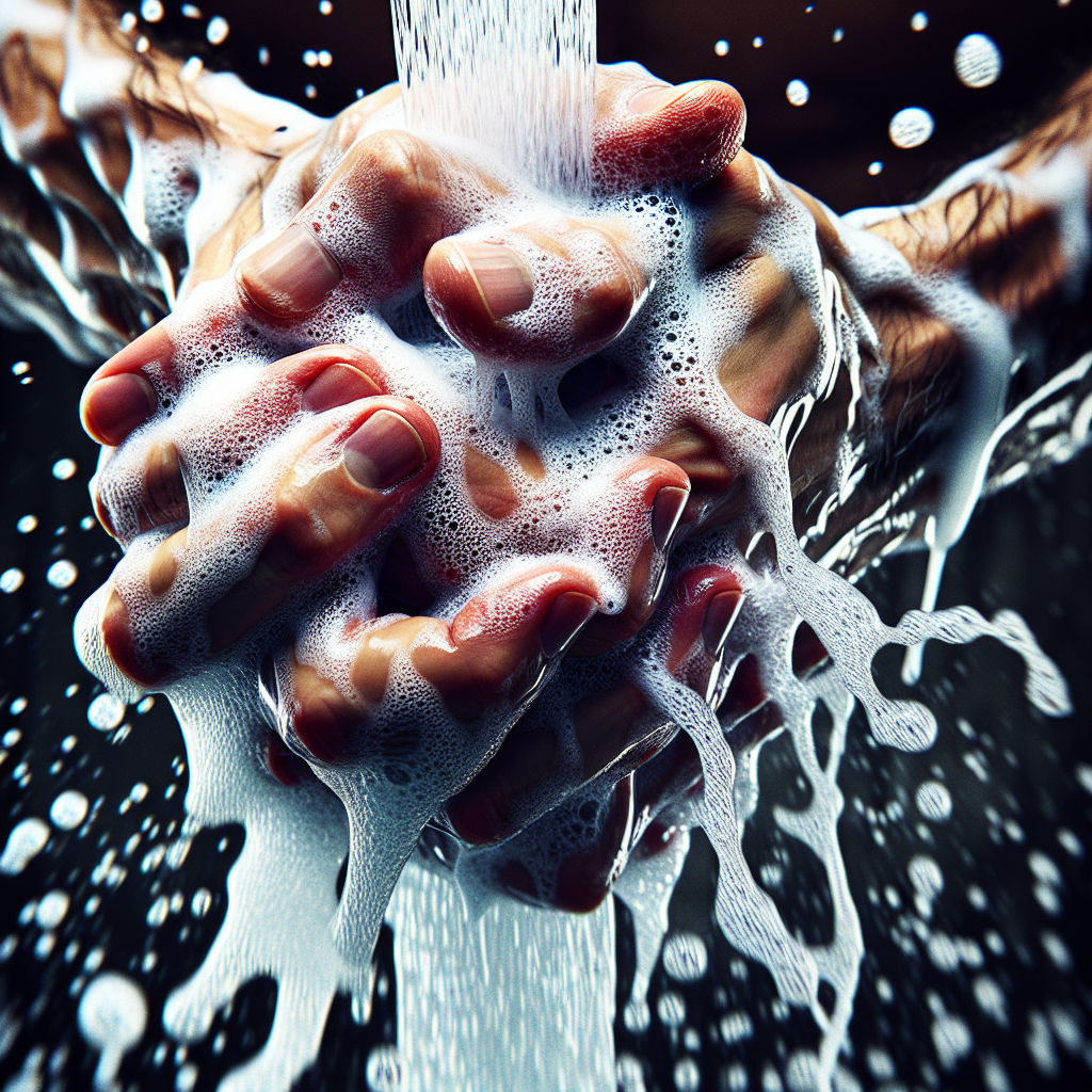 A close-up of hands vigorously scrubbing under a stream of cold water, lathered with white soap. The skin looks clean but intensely worked, with water splashing. The background is blurred, focusing entirely on the hands and the cleansing action, conveying urgency and thoroughness. Realistic photography, well-lit, emphasizing cleanliness and effort.