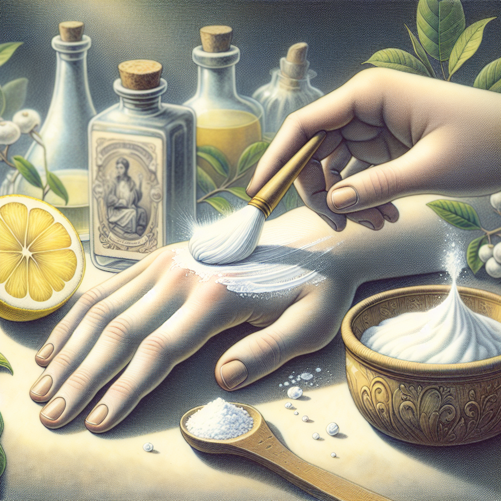 A hand gently applying a white, pasty substance (like baking soda paste) to the back of another hand. In the background, subtly blurred, are natural ingredients like a sliced lemon, a small bowl of white powder (baking soda), and a glass bottle of vinegar. The overall mood is calm and suggests a natural, effective remedy. Soft lighting, natural colors, realistic style.