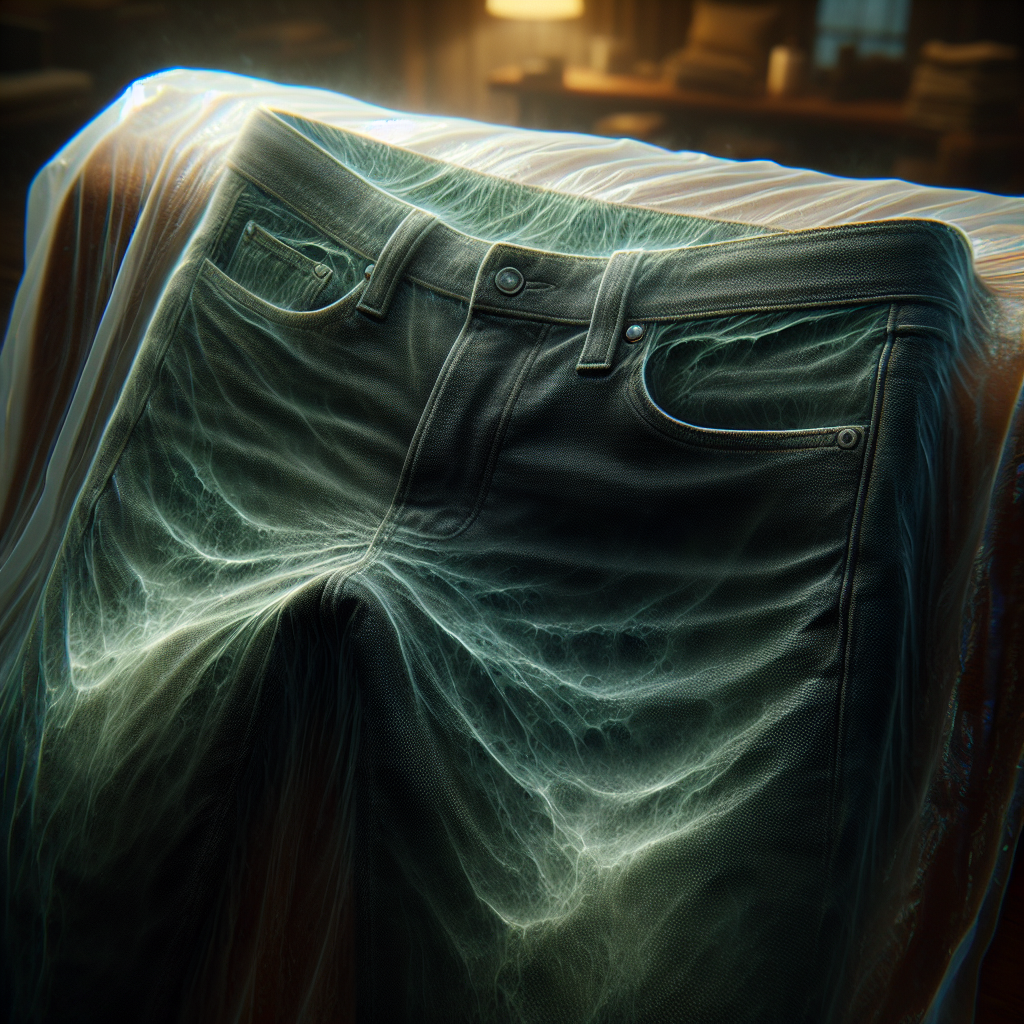 A close-up photo of a pair of new, dark fabric trousers or jeans just taken out of a plastic packaging bag or a dry-cleaning cover. Subtle, stylized wisps of a greenish-grey chemical odor are visibly emanating from the fabric, suggesting a strong, unpleasant smell. The background is slightly blurred, hinting at an indoor setting. Realistic, detailed, with atmospheric lighting.