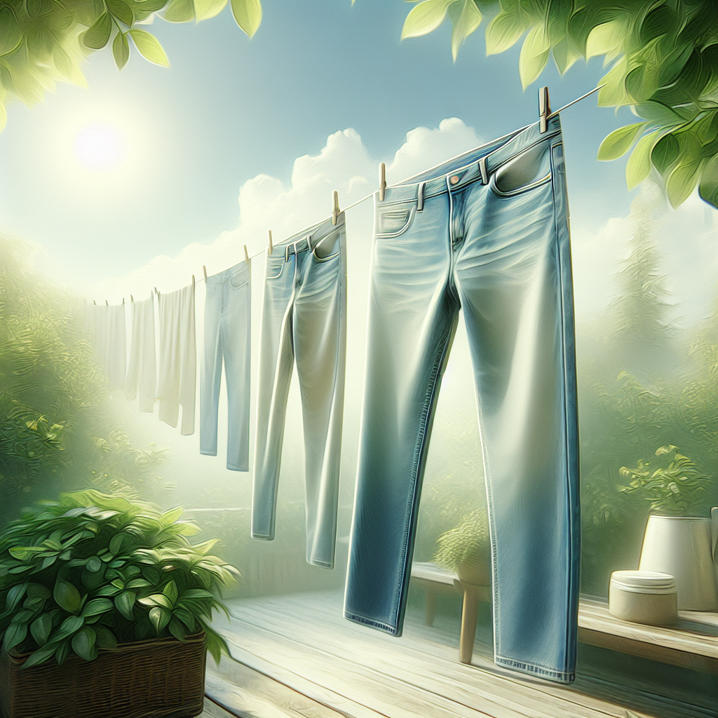 A pair of clean, light-colored trousers or jeans gently swaying on a clothesline outdoors. The background features soft-focus elements of nature like green leaves, a blue sky, or a sunlit balcony, emphasizing fresh air and natural ventilation. Bright, clean, and airy atmosphere, conveying a sense of freshness and odor removal. Realistic photo.
