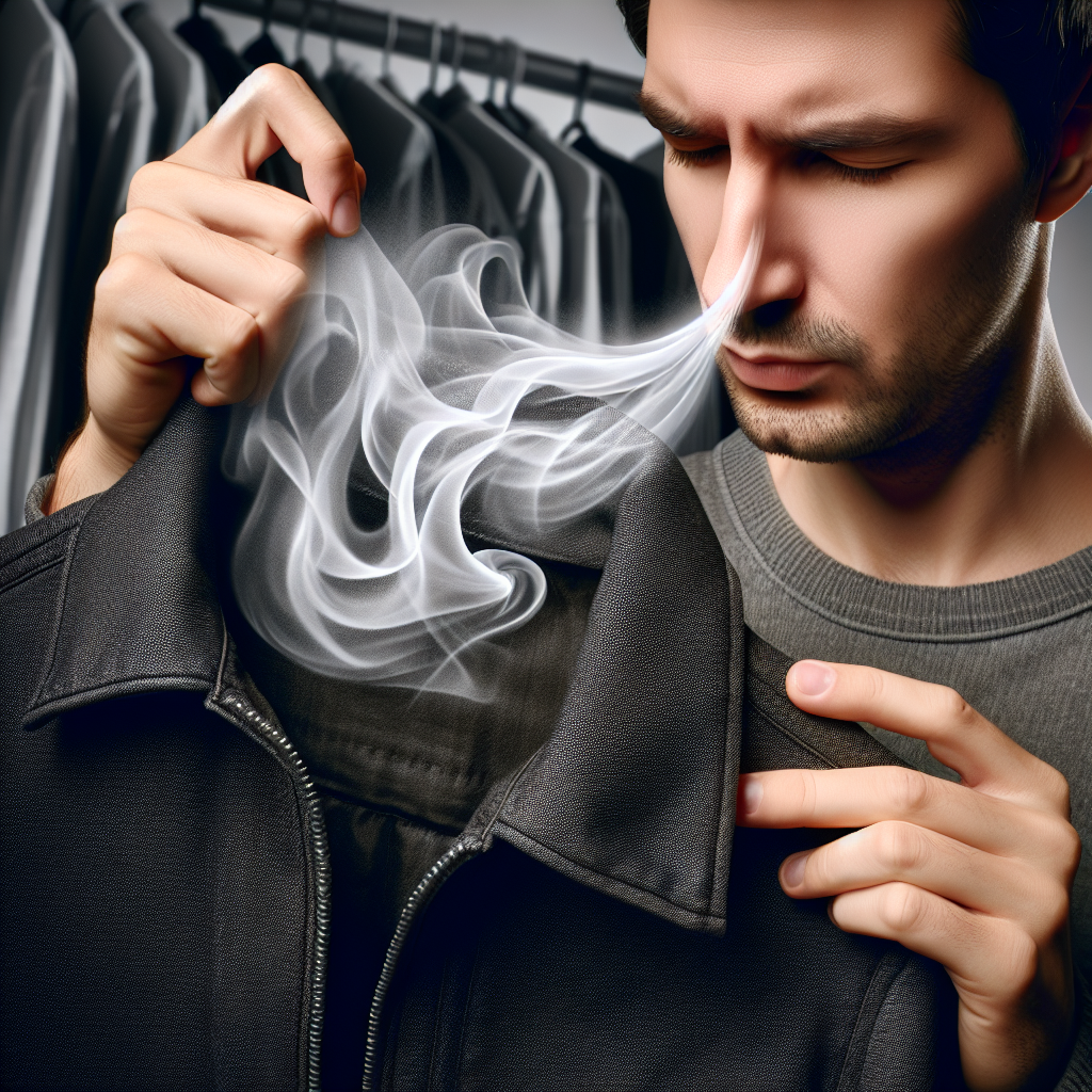 Close-up of a person's hand holding up a new, synthetic dark jacket. A faint, stylized chemical odor cloud (light gray, wavy mist) visually emanates from the fabric, representing an unpleasant smell. The person's face, partially visible, shows a look of mild disgust or a wrinkled nose. Blurred background of a clean laundry room. Realistic style, soft indoor lighting.