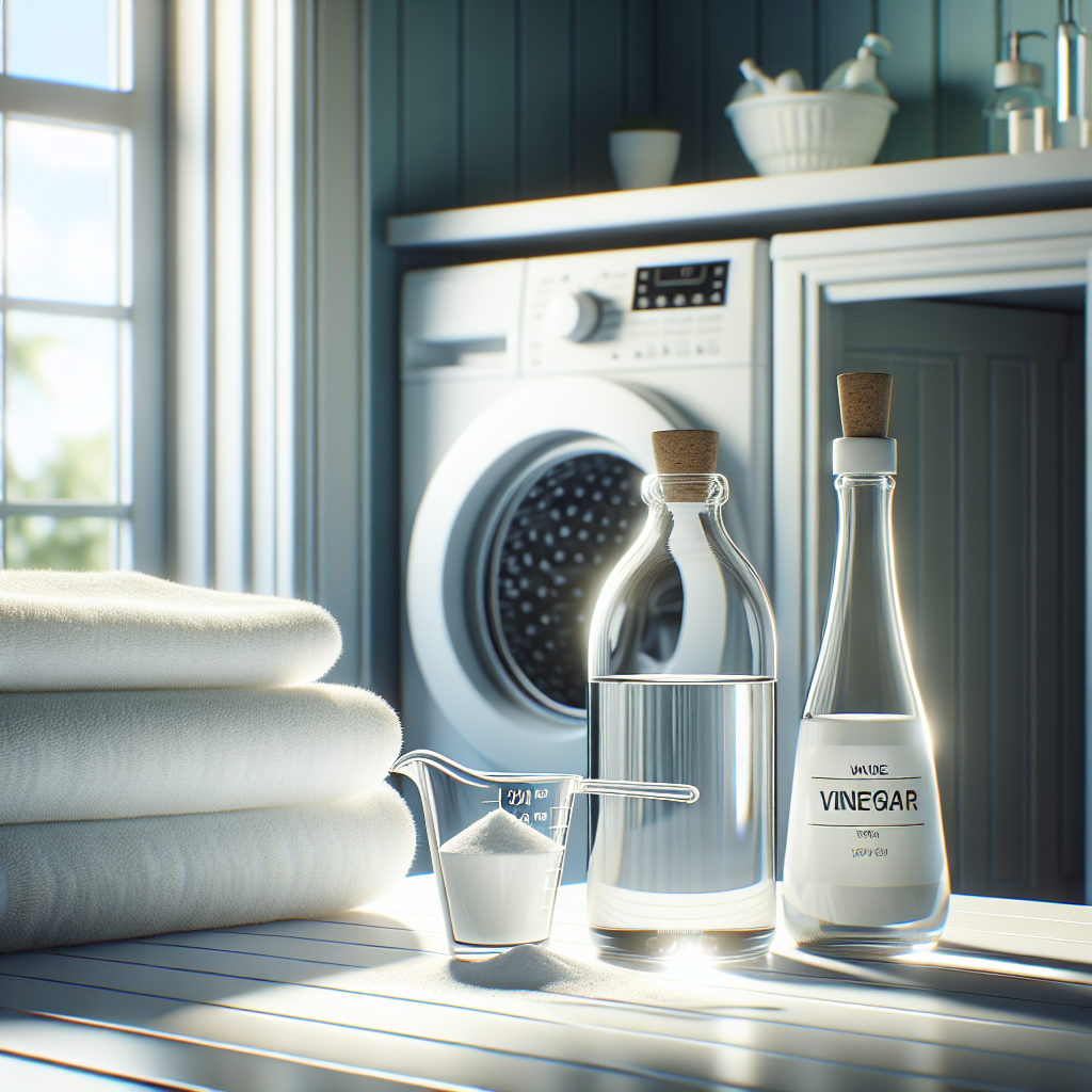 Still life composition in a bright, clean laundry room. A clear glass bottle of white household vinegar stands prominently next to a small stack of neatly folded, fresh white towels. A measuring cup with a splash of vinegar is visible near a washing machine's detergent dispenser (partially shown). Sunlight streams in from a window, creating a fresh, inviting atmosphere. Realistic, clean aesthetic.