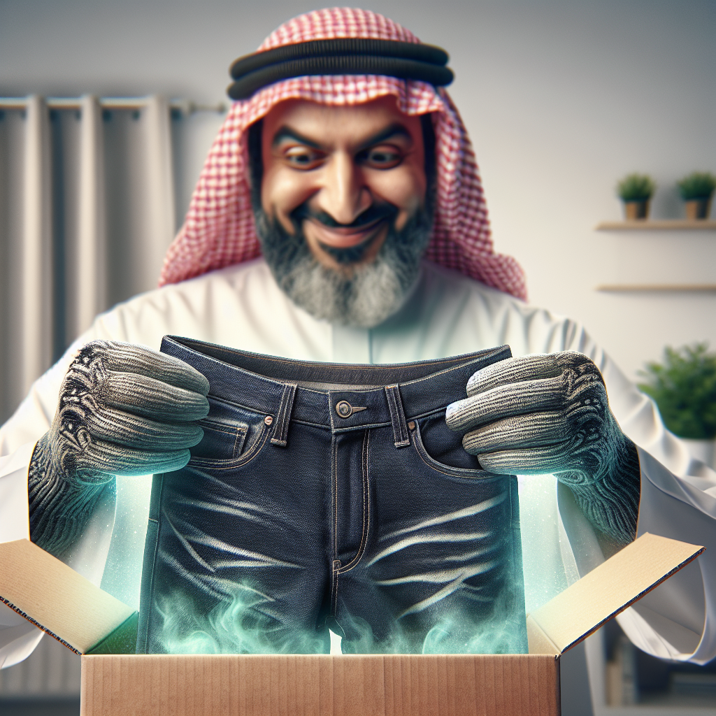 A person's hands unboxing a brand new pair of dark blue denim jeans. The jeans have a slight, almost imperceptible green or grey haze emanating from them, symbolizing an unpleasant chemical smell. The person's face is partially visible, showing a slightly displeased or confused expression. The setting is a bright, clean home environment, suggesting anticipation turned to mild disappointment. Realistic photography style, focus on texture of jeans.