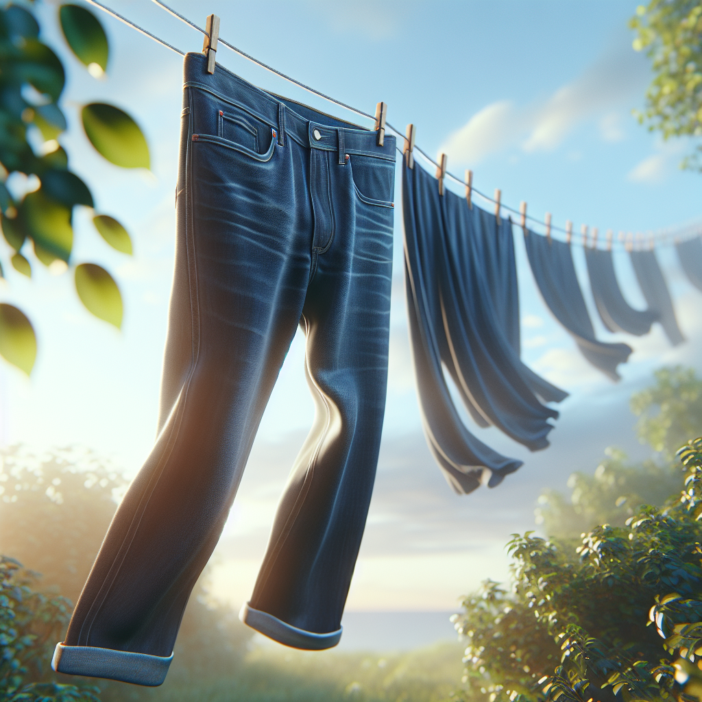 A pair of dark blue denim jeans hanging to dry outdoors on a clothesline. A gentle breeze is subtly rustling the fabric. The background features soft, blurred natural elements like green leaves or blue sky, emphasizing freshness and an airy environment. Subtle visual cues of cleanliness and a pleasant scent, like soft light rays or a faint, clean aura around the jeans. Bright, natural lighting. Realistic, high-quality photography.