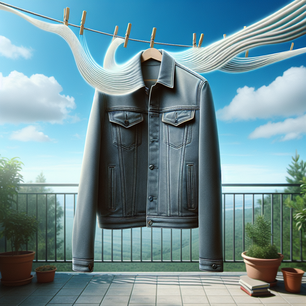 A brand new, stylish jacket hanging on a clothesline outdoors on a breezy day. The background shows a clean, bright sky and subtle hints of nature (trees or a balcony railing). Faint, transparent wavy lines gently rise and dissipate from the jacket, symbolizing the chemical odor being aired out and replaced by fresh air. Realistic photography, natural light, focus on freshness and purity.