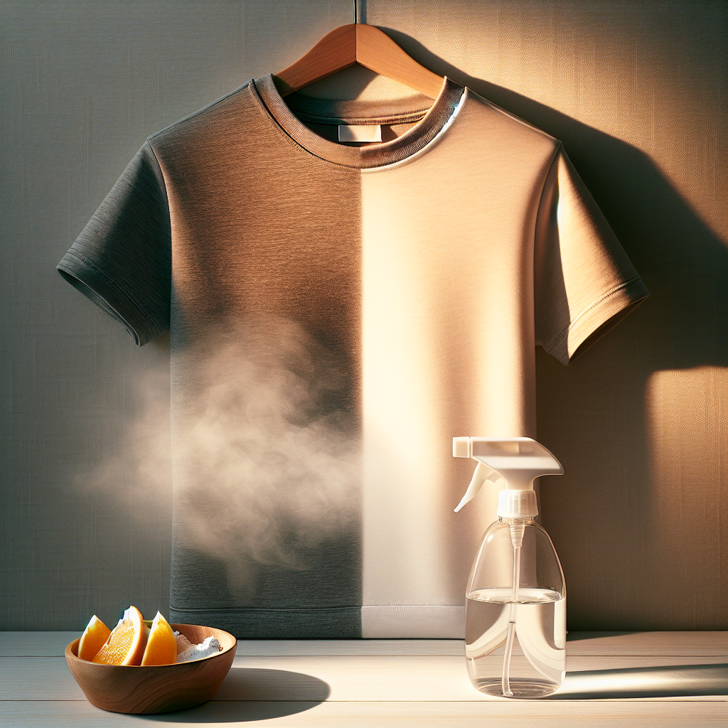 A neatly folded t-shirt or delicate blouse lying on a light-colored wooden table. Next to it, a clear spray bottle containing a liquid (representing a homemade solution) and a small dish with elements like citrus peels or baking soda, subtly suggesting natural odor removal. A soft, warm light illuminates the scene. One half of the garment subtly emanates a dissipating, almost invisible vapor, representing the chemical smell, while the other half looks perfectly fresh and clean. Clean, minimalist still life photography.