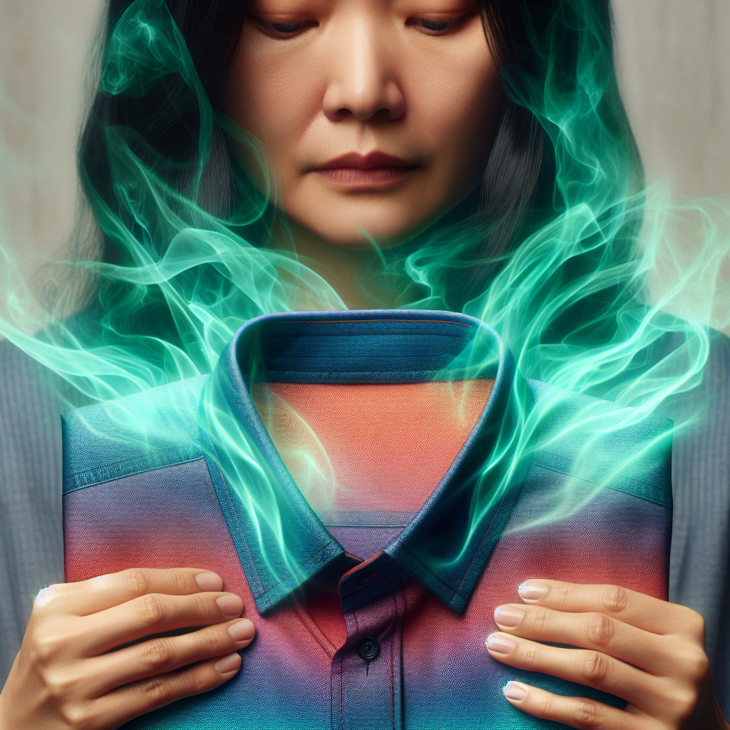 A close-up of a person's hands holding a brand new, brightly colored shirt that has just been unboxed. Subtle, ethereal green wavy lines or faint smoke emanate from the shirt, visually representing an unpleasant chemical smell. The person's expression is one of slight distaste or discomfort. The background is softly blurred, focusing on the clothes and hands. Realistic, high-resolution photograph.