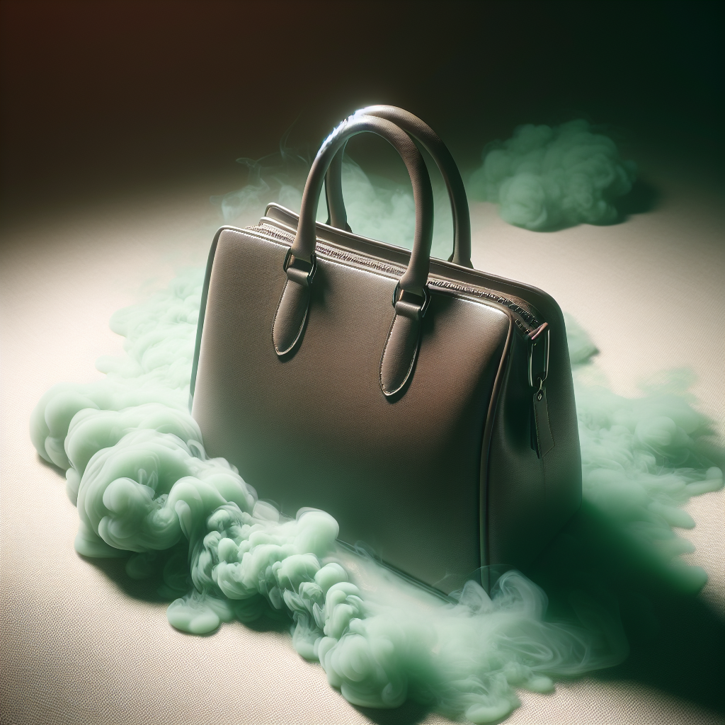 Ein neues, stilvolles Kunstlederprodukt (z.B. eine Handtasche oder Jacke) auf einer Oberfläche, von dem ein subtiler, unangenehmer chemischer Geruch in Form eines leichten, abstrakten grünen oder grauen Dampfes aufsteigt. Die Atmosphäre wirkt leicht unwillkommen. Realistisch, kinoreife Beleuchtung.