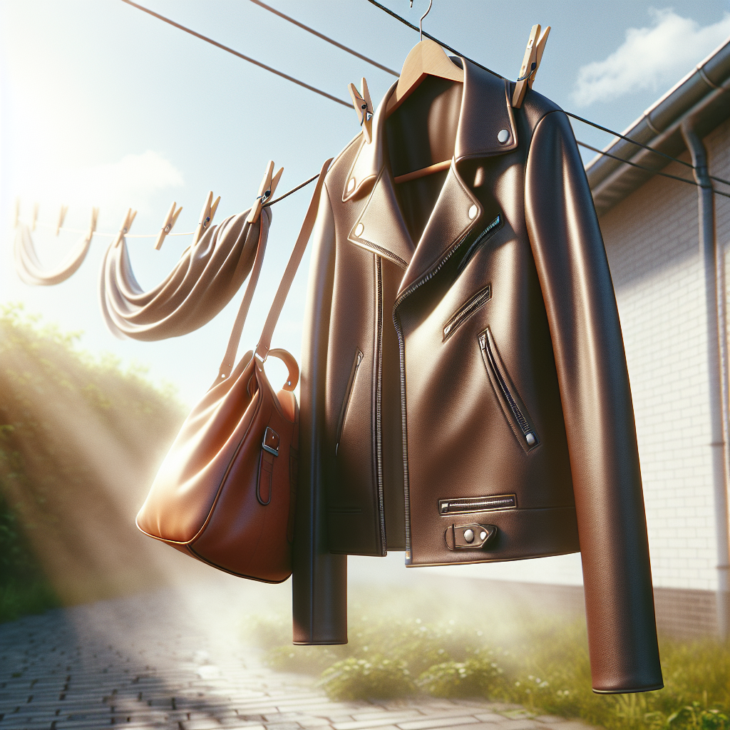 Eine moderne Kunstlederjacke oder -tasche hängt an einem sonnigen Tag im Freien und schaukelt sanft im Wind, was Belüftung und Frische symbolisiert. Sonnenlicht durchflutet die Szene. Realistisch, hell und einladend.