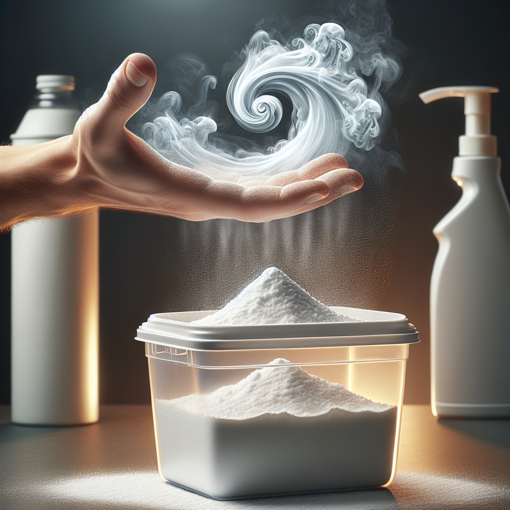 A hand holding a clear plastic storage box, from which faint, unpleasant chemical fumes are visibly rising. In the background, another hand is sprinkling white baking soda powder over a similar plastic item, suggesting a cleaning process, with a fresh, clean atmosphere. Realistic style, good lighting.