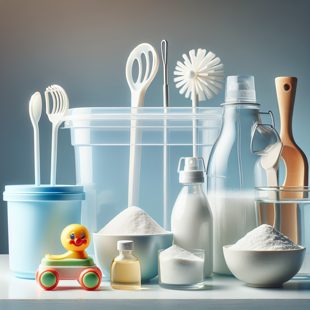 An assortment of everyday plastic items like a storage container, a child's toy, and a kitchen utensil, all looking clean and fresh. Next to them, a small bowl of baking soda and a bottle of vinegar are subtly placed, symbolizing the natural remedies. A light, airy, and fresh ambiance, suggesting the removal of odors. Studio lighting, clean background.