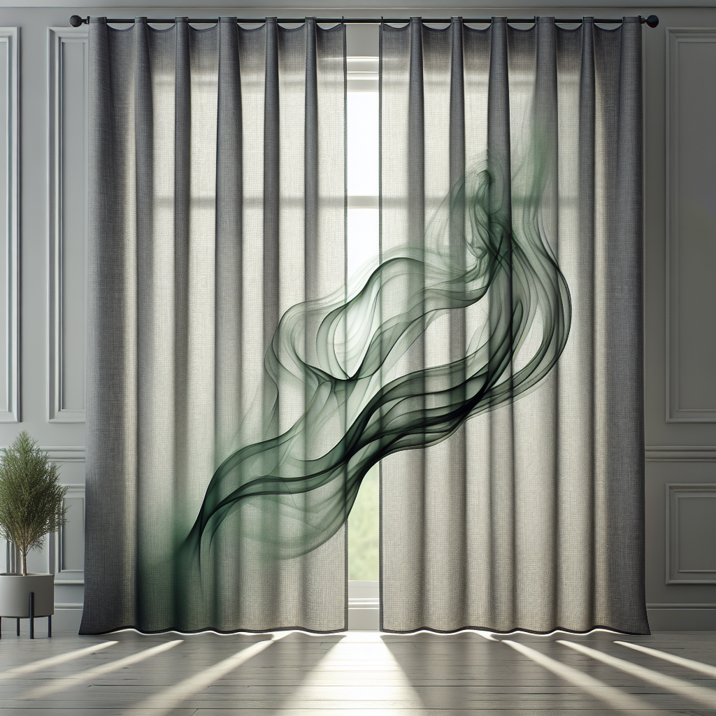 A crisp, new grey linen curtain hanging in a bright, airy room, with subtle, ethereal, dark wavy lines or a faint green mist visibly rising from its surface, symbolizing a persistent chemical smell. In the background, a window is slightly ajar, suggesting ventilation. Realistic, high-quality photograph, soft natural light.