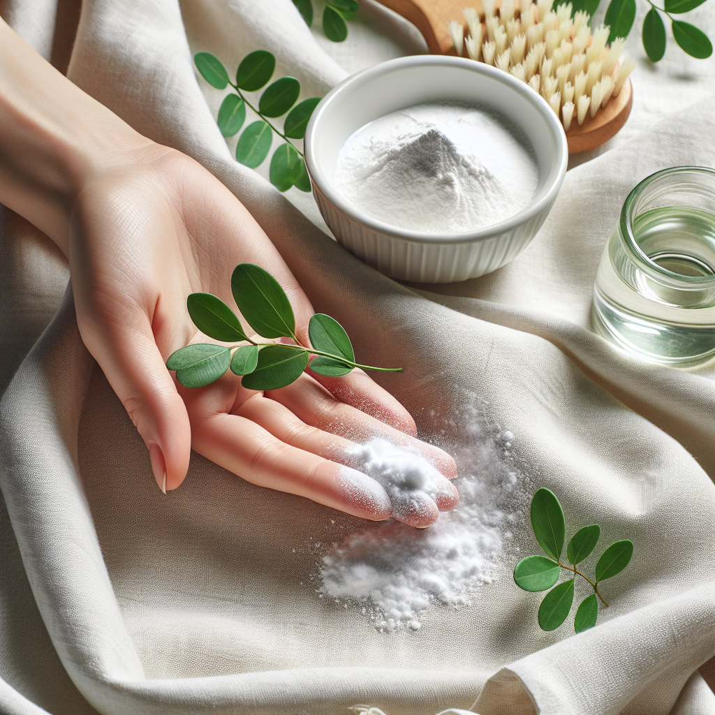 A close-up of a human hand gently sprinkling white powder (baking soda) onto a piece of soft, light-colored fabric. Nearby, there is a small bowl of white vinegar and a fresh green sprig, symbolizing natural freshness. The fabric appears clean and soft. Bright, clean, well-lit studio shot. Realistic, inviting.