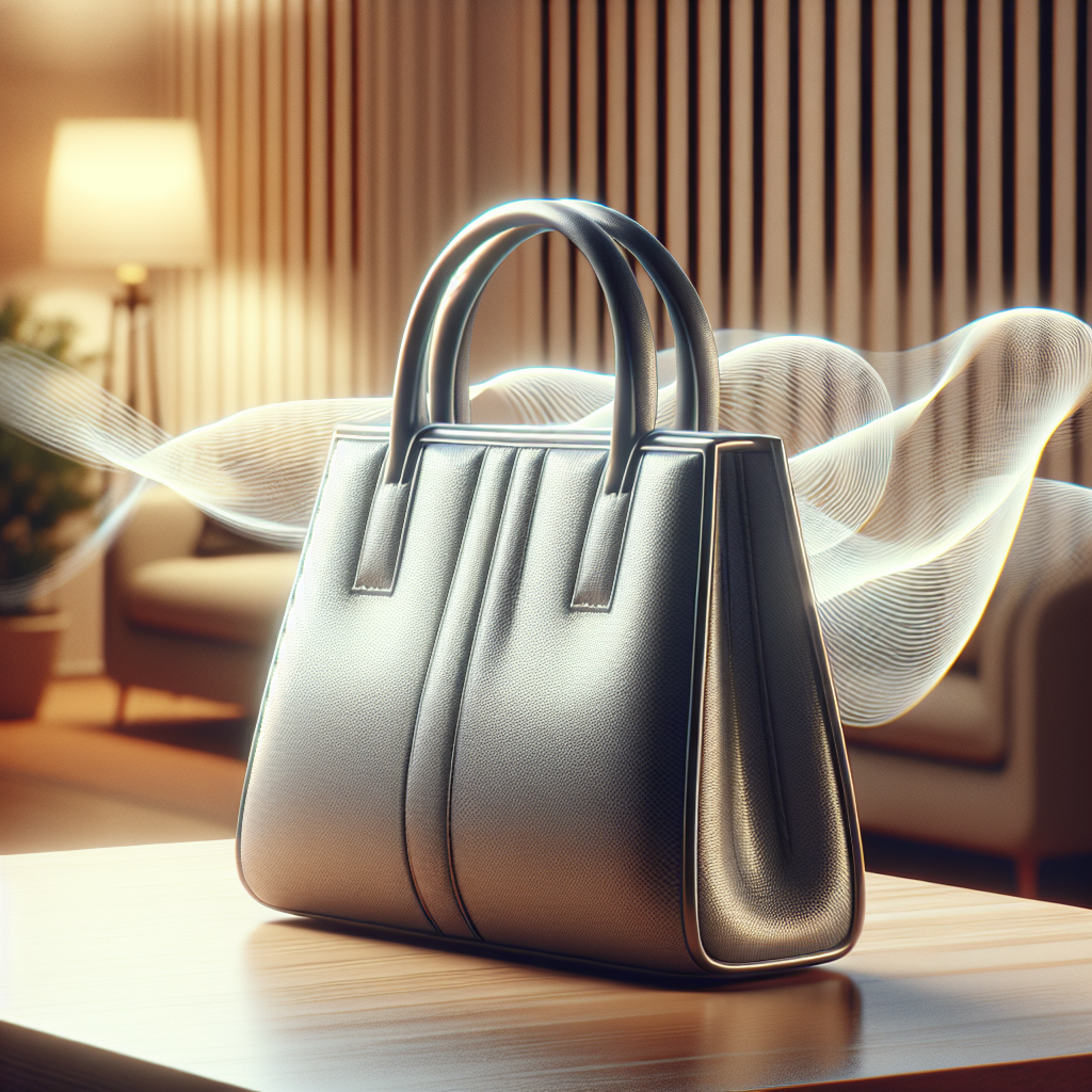 A stylish new handbag on a clean surface, with subtle, transparent, wavy lines emanating from it, visually representing an unpleasant chemical odor. The background is soft-focused and homely. Realistic photo.