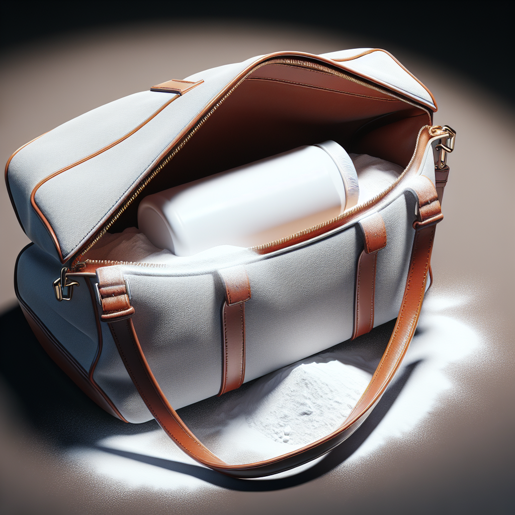 Inside a fashionable handbag, a small amount of white powder (baking soda) is sprinkled, suggesting odor absorption. The bag is open, showing the interior. Clean, bright lighting. Close-up shot. Realistic photo.