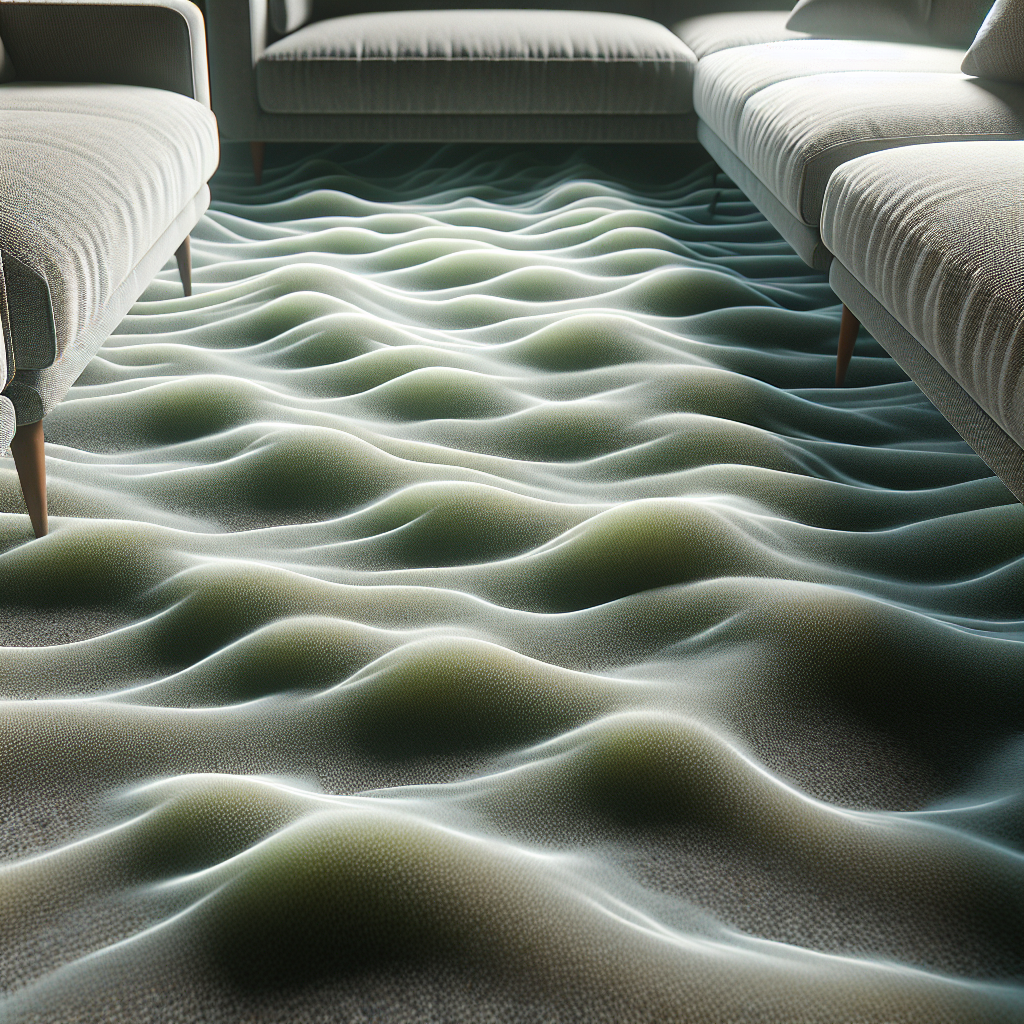 A close-up, photorealistic image of a living room carpet with subtle, translucent, wavy lines of faint green or grey rising from its surface, symbolizing an unpleasant chemical odor. The atmosphere is slightly muted and shows a sense of discomfort. No people are visible, focus on the carpet fibers and the ethereal scent.