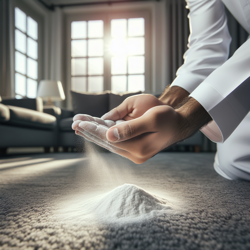 A person's hands gently sprinkling a fine white powder, like baking soda or Natron, evenly over a section of a dark grey living room carpet. In the background, a bright window is open, letting in natural light and suggesting fresh air and ventilation. The scene is clean, practical, and well-lit.