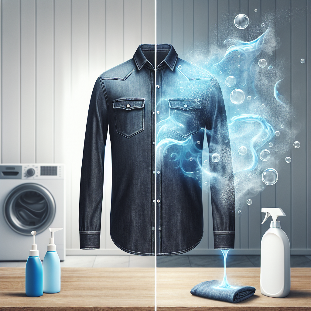A new, dark blue denim shirt emitting a subtle, translucent wisp of unpleasant chemical odor on one side, contrasted with the same shirt on the other side, looking pristine, fresh, and emanating a gentle, clean scent. The background is a clean, minimalistic laundry room or a bright, airy space. Photorealistic.