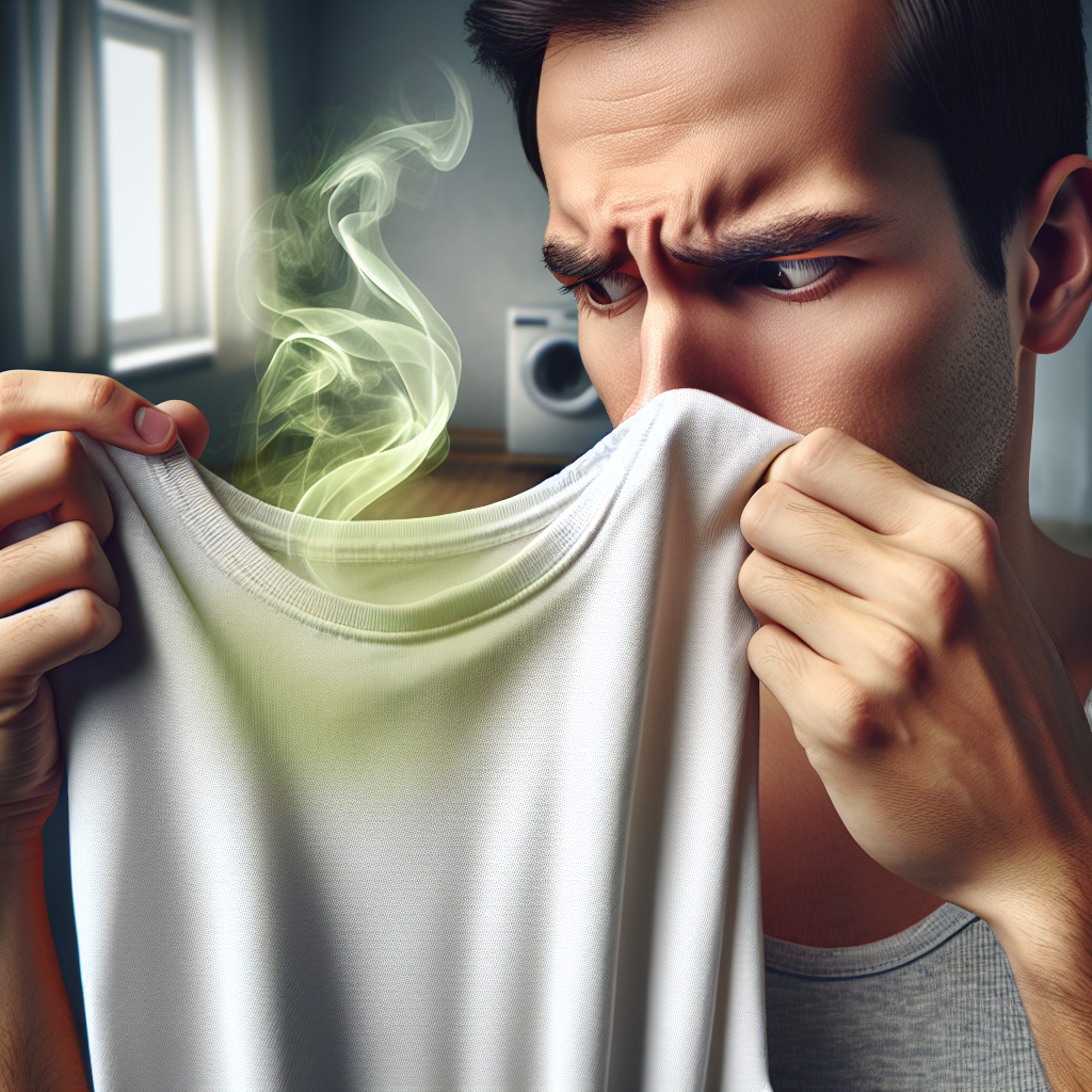 A person's hand holding a brand new, neatly folded t-shirt close to their nose, with their face slightly scrunched in disgust from an unpleasant chemical smell. Subtle, almost translucent green or yellow fumes are visibly wafting from the fabric. The background is a soft-focus indoor setting, like a bedroom or laundry room. Realistic photography style.