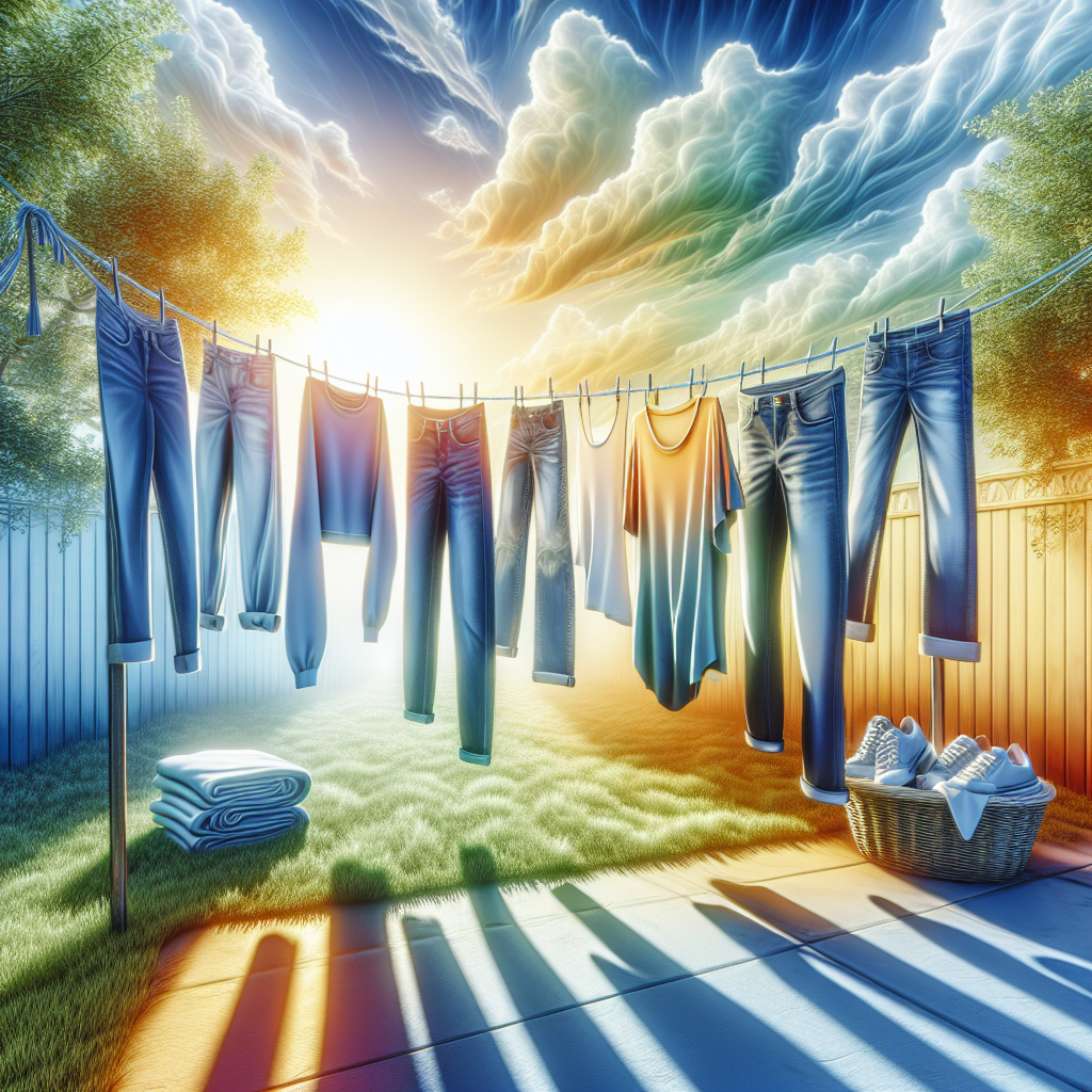 A vibrant scene of various items of clothing (t-shirts, jeans, a sweater) gently swaying on an outdoor clothesline under a soft, sunny sky. The clothes look freshly washed, crisp, and clean, with a subtle glow or 'freshness aura' around them. There are hints of green trees or a backyard in the background. Bright, inviting, and clean aesthetic, realistic photography.