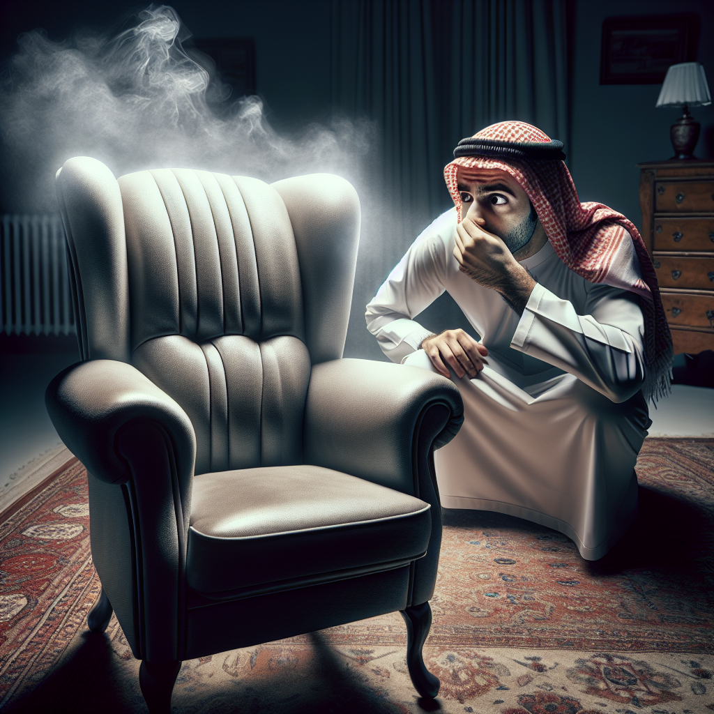 A person with a slightly wrinkled nose, looking uncomfortable due to a subtle, visible haze emanating from a newly acquired piece of furniture or a recently painted wall in a home setting. The room appears a bit stuffy, emphasizing a lingering chemical odor. Realistic, soft indoor lighting, conveying discomfort.