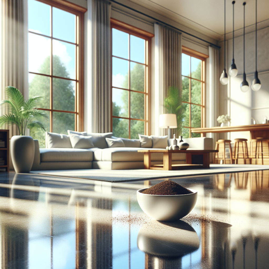 A bright, airy living room or kitchen with large windows wide open, allowing natural light and a gentle breeze to flow through. On a clean, polished surface, a small bowl of coffee grounds or baking soda is subtly placed, symbolizing odor absorption. The overall atmosphere is one of freshness, purity, and comfort. Realistic, vibrant, inviting.