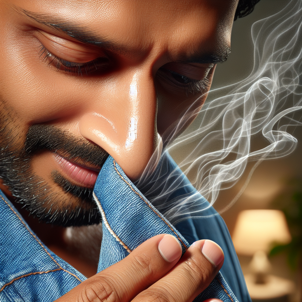 A close-up shot of a person's nose and mouth, showing a slight grimace as they sniff a brand new, crisp blue denim jacket. Subtle, transparent wisps of greenish-grey vapor emanate from the fabric, visually representing a chemical odor. The background is softly blurred, suggesting a modern home setting. Realistic, detailed, with natural light.