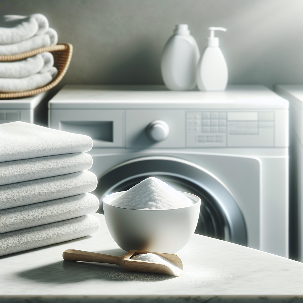 A bright, clean laundry room counter. A pristine white ceramic bowl filled with white baking soda powder is prominently featured, with a wooden scoop resting inside. Freshly laundered, soft white towels and a light grey t-shirt are neatly folded next to the bowl, conveying a sense of freshness and purity. Soft, diffused natural light illuminates the scene, emphasizing cleanliness and natural solutions. Minimalist aesthetic.