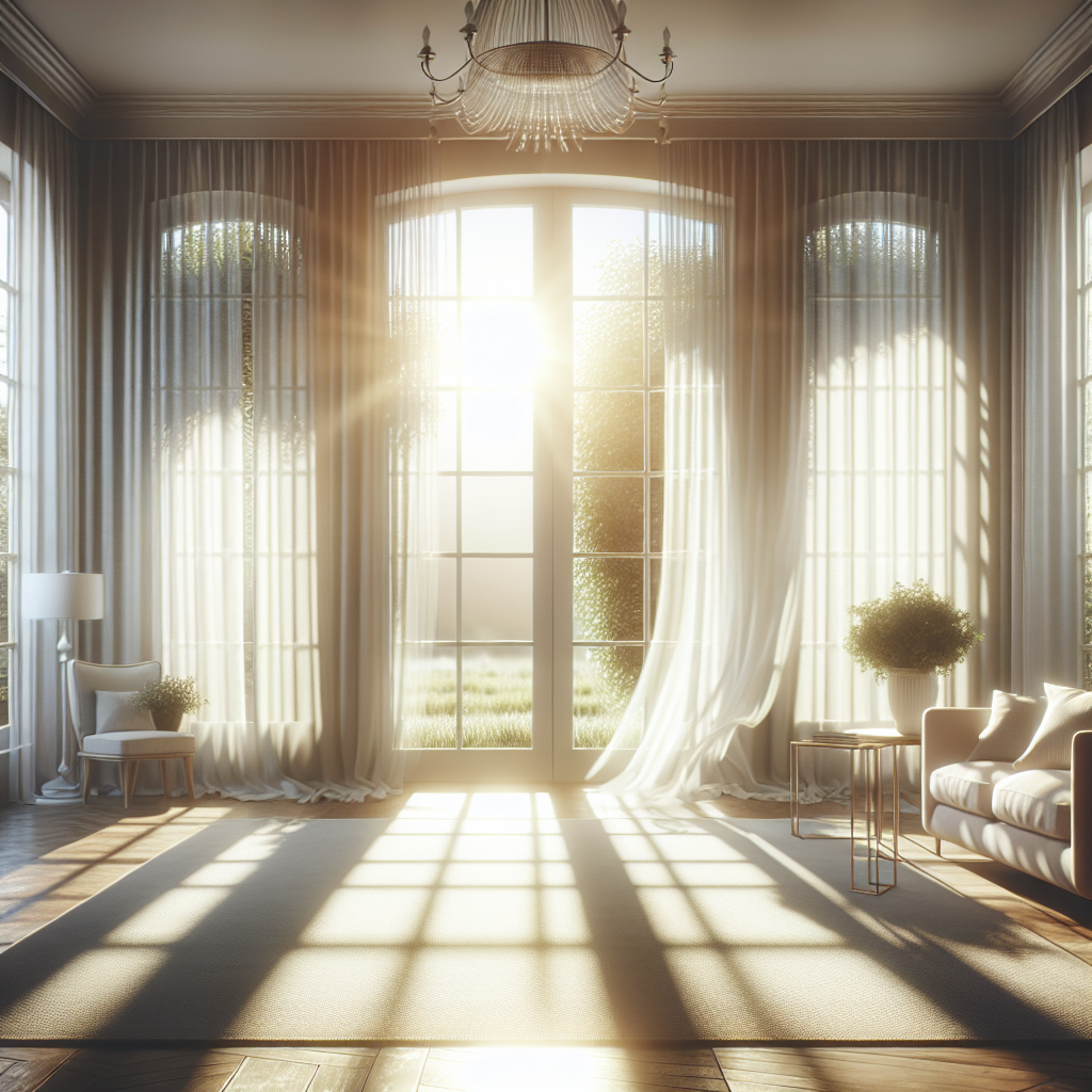 A bright, serene living room with large windows wide open, sunlight streaming in, and sheer white curtains gently swaying. The room feels incredibly fresh and clean, with a sense of purified air, perhaps subtly suggested by a delicate, ethereal glow or gentle light. The overall mood is peaceful and invigorating, representing a home free from unpleasant chemical odors. High detail, photorealistic, inviting atmosphere.