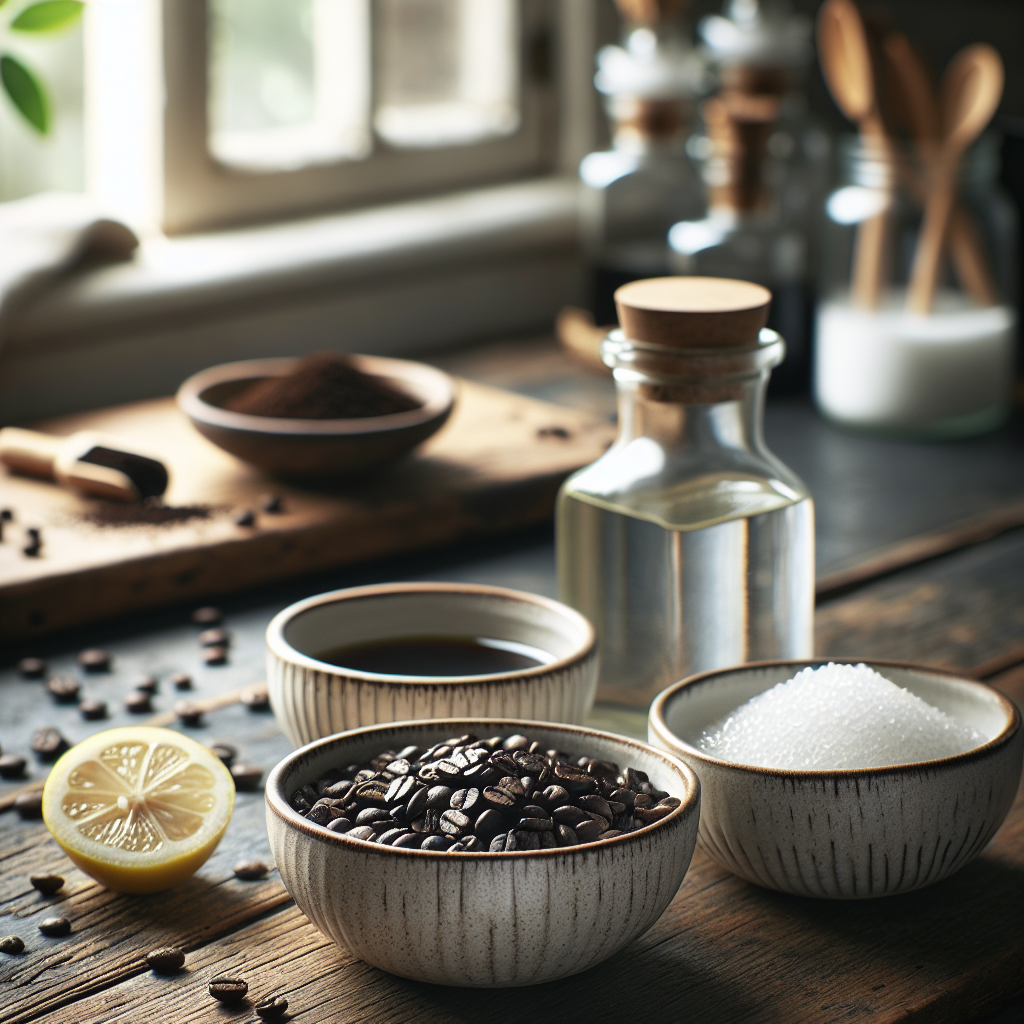A top-down view of a rustic wooden kitchen counter. On the counter, there are three small, aesthetically pleasing white ceramic bowls. One bowl contains fresh, dark roasted coffee grounds, another holds clear white vinegar, and the third contains a sliced lemon. In the background, out of focus but visible, a window is slightly ajar, suggesting natural ventilation. The lighting is soft and natural, emphasizing the textures. This represents natural household methods for neutralizing chemical odors. Photorealistic, clean aesthetic.
