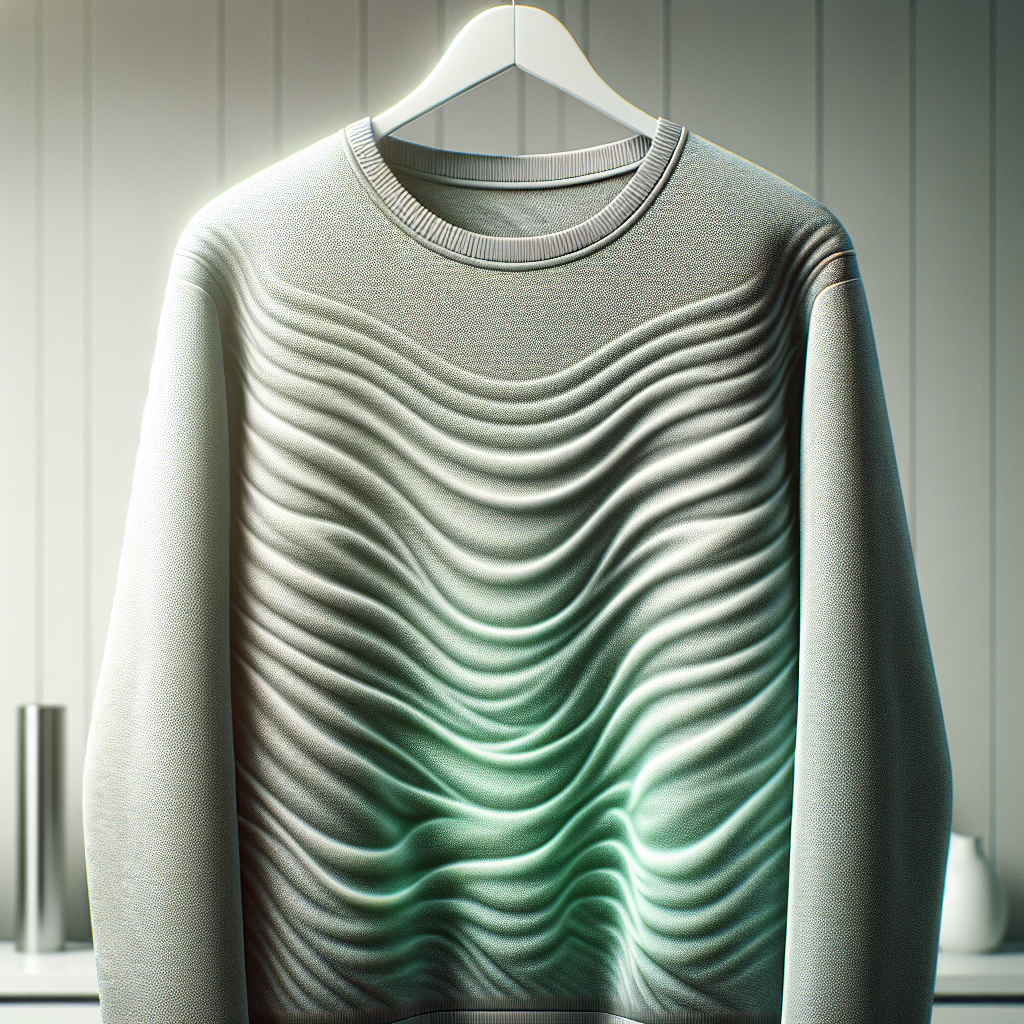 A close-up of a brand-new, unworn garment (e.g., a stylish sweater or jacket) hanging in a clean, minimalist home environment. Subtle, wavy, slightly greenish or greyish vapor lines are visibly emanating from the fabric, visually representing a strong, unpleasant chemical smell. The image should convey the idea of a new item with a persistent factory odor, without any washing machines or water present. Realistic, soft lighting, blog article style.