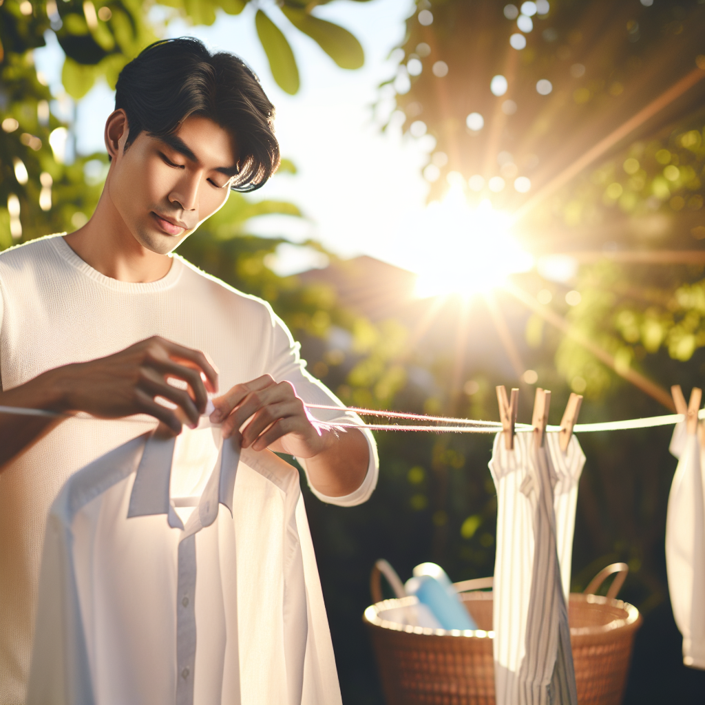 A person gently hangs a delicate, clean shirt on an outdoor clothesline on a sunny and breezy day, with natural light highlighting the fabric. The background features blurred greenery or a balcony, emphasizing fresh air and natural ventilation. No washing machine, water, or soap are visible, focusing solely on the concept of 'airing out' to remove odors from clothes. Realistic, bright, clean aesthetic, blog article style.