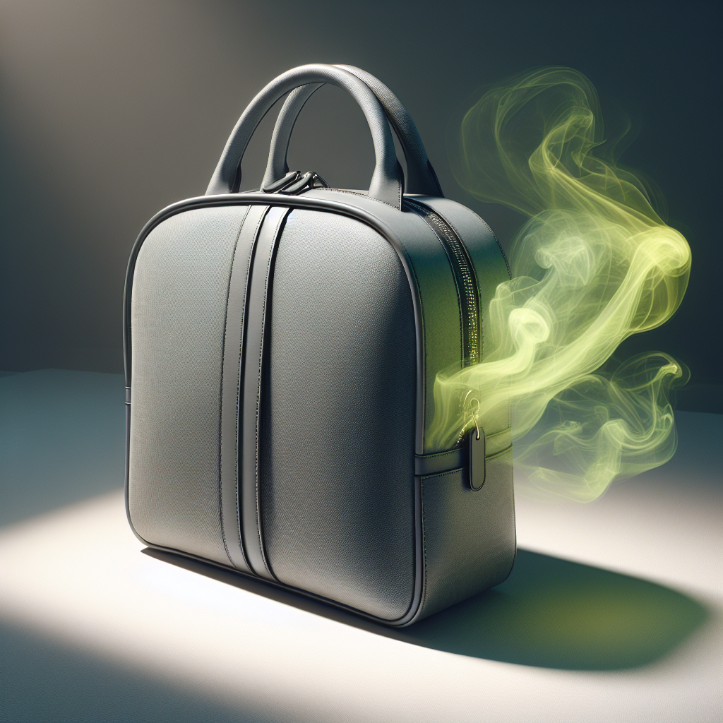 A modern, stylish handbag or backpack resting on a clean, light surface. Subtle, translucent wisps of green or yellow 'chemical odor' visually emanate from the bag, creating a slight distortion in the air around it, implying an unpleasant smell. The bag itself looks appealing, highlighting the contrast with the implied bad odor. Minimalist studio lighting, high detail.