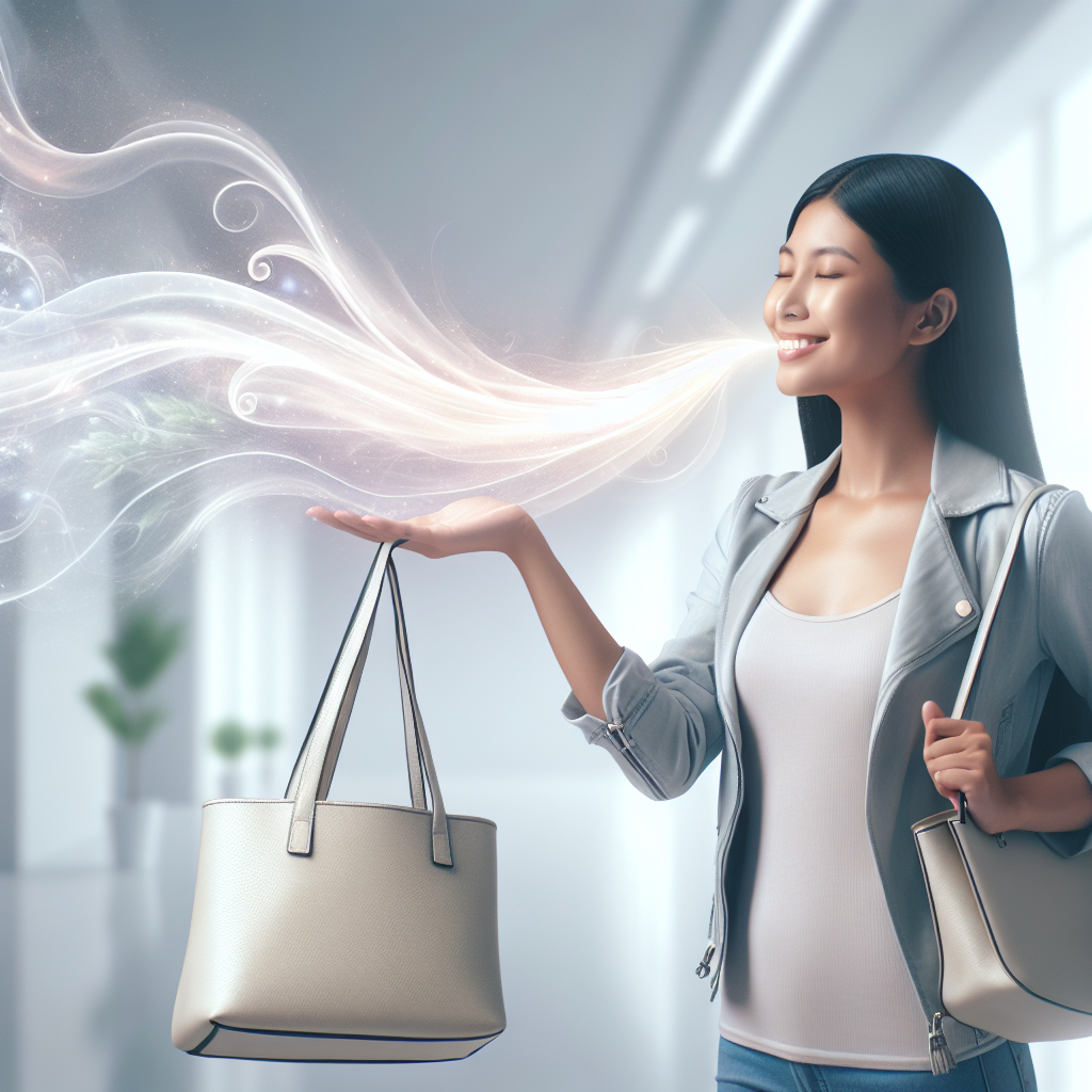 A person (gender-neutral, from the chest up) with a happy, relieved expression, holding an open, clean-looking modern bag (e.g., a tote or backpack). Gentle, glowing, ethereal wisps of 'fresh air' or 'clean scent' visibly emanate from the bag, suggesting a pleasant aroma. The background is bright, clean, and minimalist, emphasizing freshness and a positive, light mood.