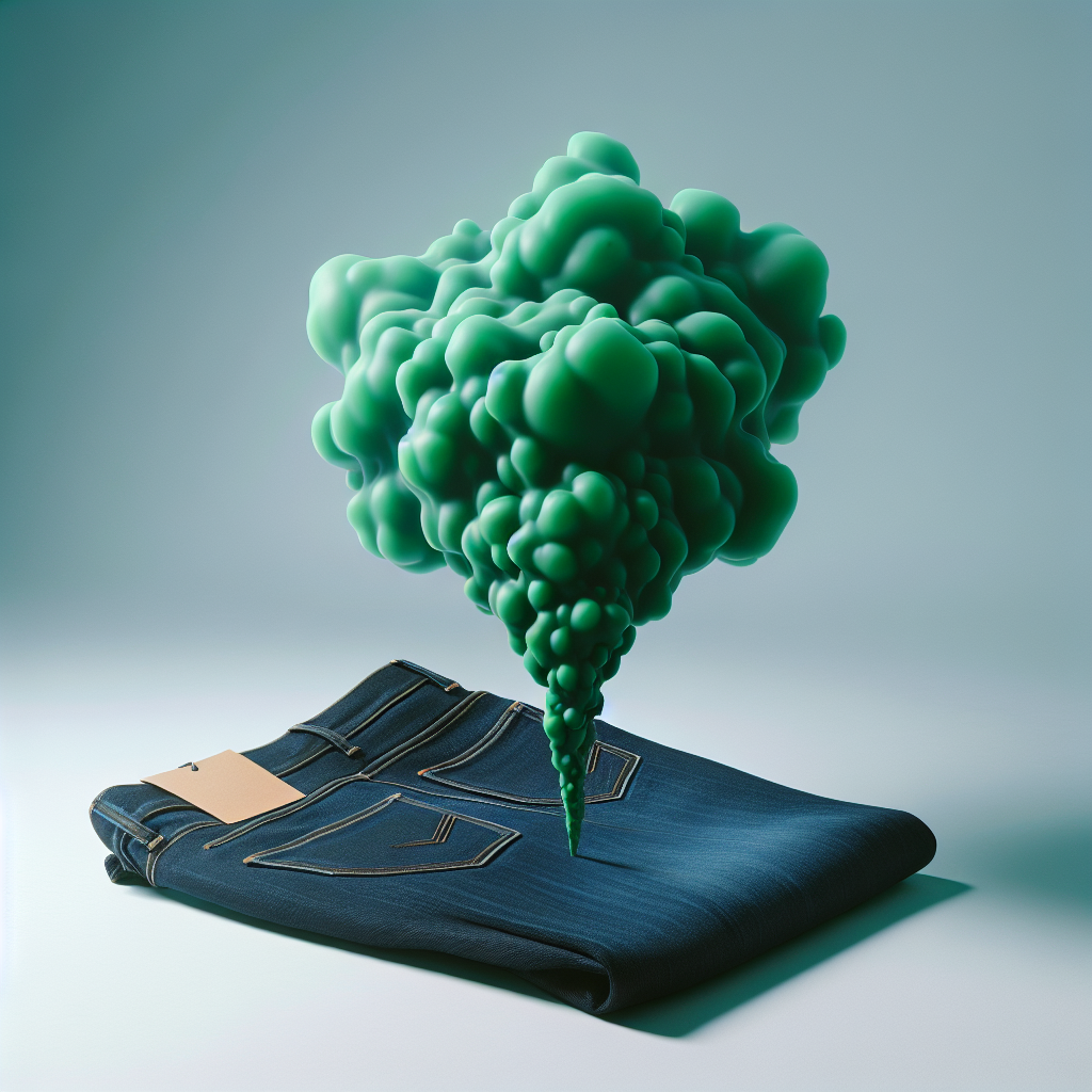 A brand new pair of dark blue denim jeans, still with tags, with a visible, stylized, slightly noxious green cloud of chemical smell emanating from them. The jeans are lying on a clean surface, with a feeling of mild discomfort or an unpleasant odor in the air. Minimalist background.