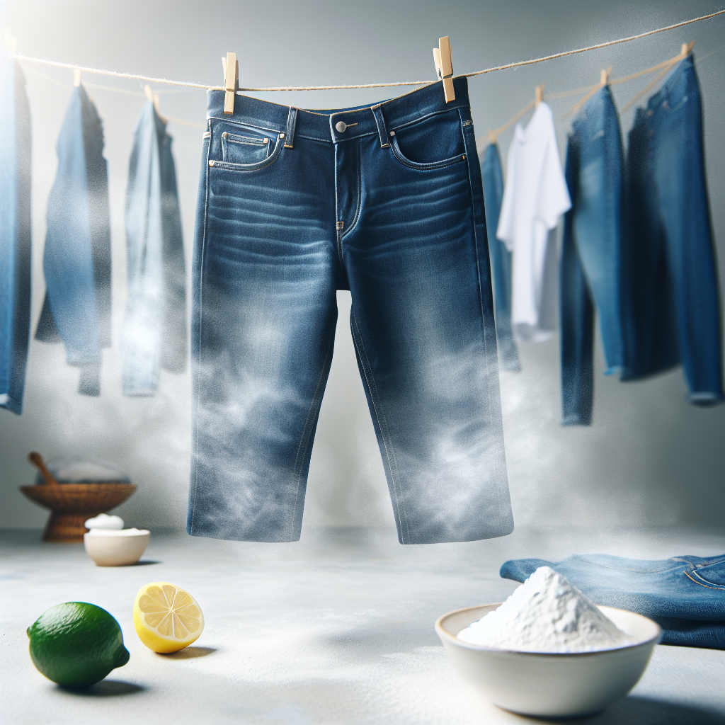 A pair of fresh, clean dark blue denim jeans hanging to dry in a bright, airy space. Around them, there are subtle, stylized fresh air effects or gentle steam, symbolizing cleanliness. In the foreground, slightly out of focus, are natural elements like a small bowl of white powder (baking soda) or a lemon slice, representing natural household remedies.