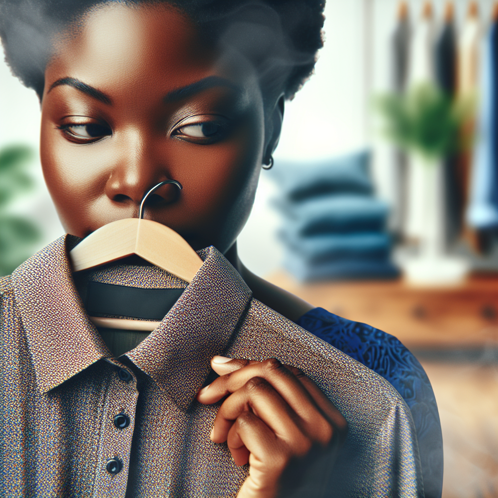A close-up of a person, possibly a woman, holding a new piece of clothing (like a shirt or a pair of jeans) up to her nose, with a subtle expression of discomfort or mild surprise from an unpleasant, sharp chemical odor. The background is a softly blurred modern home interior, suggesting a closet or bedroom. Realistic photography, natural lighting, conveying an irritating smell.