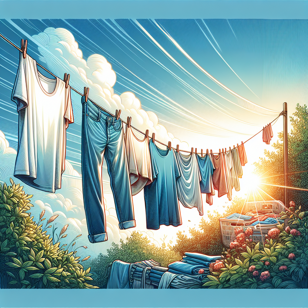A vibrant image of various clean clothes (t-shirt, jeans, sweater) gently swaying on a clothesline outdoors under soft sunlight, with a clear blue sky and hints of green foliage in the background. The scene evokes freshness, clean air, and the natural process of airing out, conveying a sense of relief and natural cleanliness. Realistic photography, bright and airy.