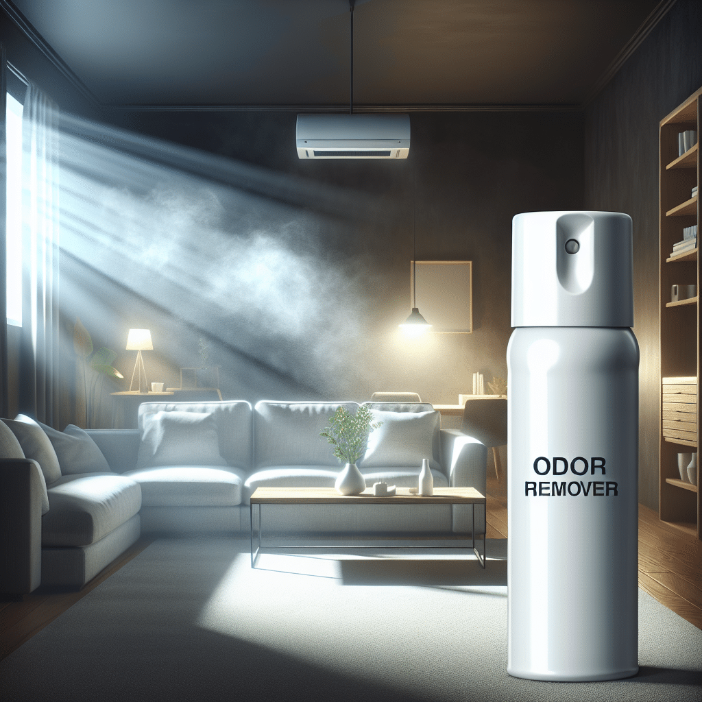 A modern, slightly dim living room, subtly filled with an almost visible, heavy atmosphere, hinting at lingering bad odors. A sleek, minimalist spray bottle of 'Geruchsentferner' (Odor Remover) stands prominently in the foreground, emitting a bright, clean aura that begins to visibly dissipate the heavy air. Realistic photography, contrasting the problem's gloom with the solution's clarity, soft natural lighting.