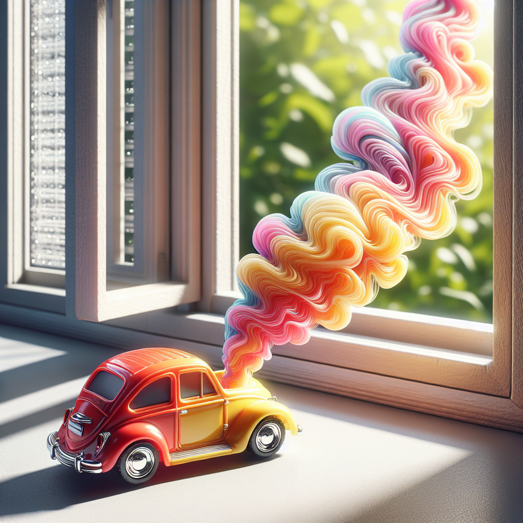 A brand new, brightly colored plastic toy (like a car or a small figurine) sitting on a windowsill, with an open window in the background letting in sunlight and fresh air. A subtle, wavy visual representation of an unpleasant smell emanating from the toy, illustrating the need for ventilation. Realistic, detailed, bright, suitable for a blog article.
