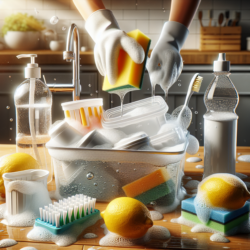 A close-up shot of various small plastic household items (e.g., a storage container, a toothbrush holder) being actively scrubbed with a sponge in a kitchen sink filled with warm, soapy water and bubbles. In the foreground, a bottle of white vinegar and fresh lemons are visible, symbolizing natural cleaning solutions. The scene should convey cleanliness and freshness, with bright, inviting lighting. Realistic, detailed, suitable for a blog article.