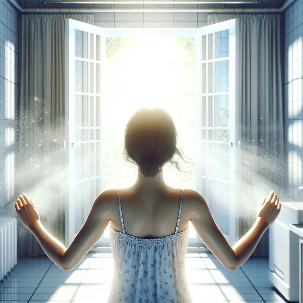 A person, seen from behind, standing in a bright, clean room (like a bathroom or kitchen), opening a window wide to let in a refreshing breeze. Sunlight streams in, and the air visibly feels lighter and fresh, symbolizing the quick dissipation of a strong, unpleasant odor. The overall mood is one of relief, cleanliness, and freshness. Modern, realistic style.