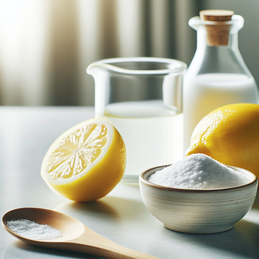 A close-up of a clean counter featuring natural odor-neutralizing remedies: a small ceramic bowl filled with white vinegar, a fresh lemon cut in half, and a small mound of baking soda with a wooden spoon. The background is softly blurred, keeping the focus on these effective household items. The lighting is bright and natural, conveying a sense of practical solutions and cleanliness.