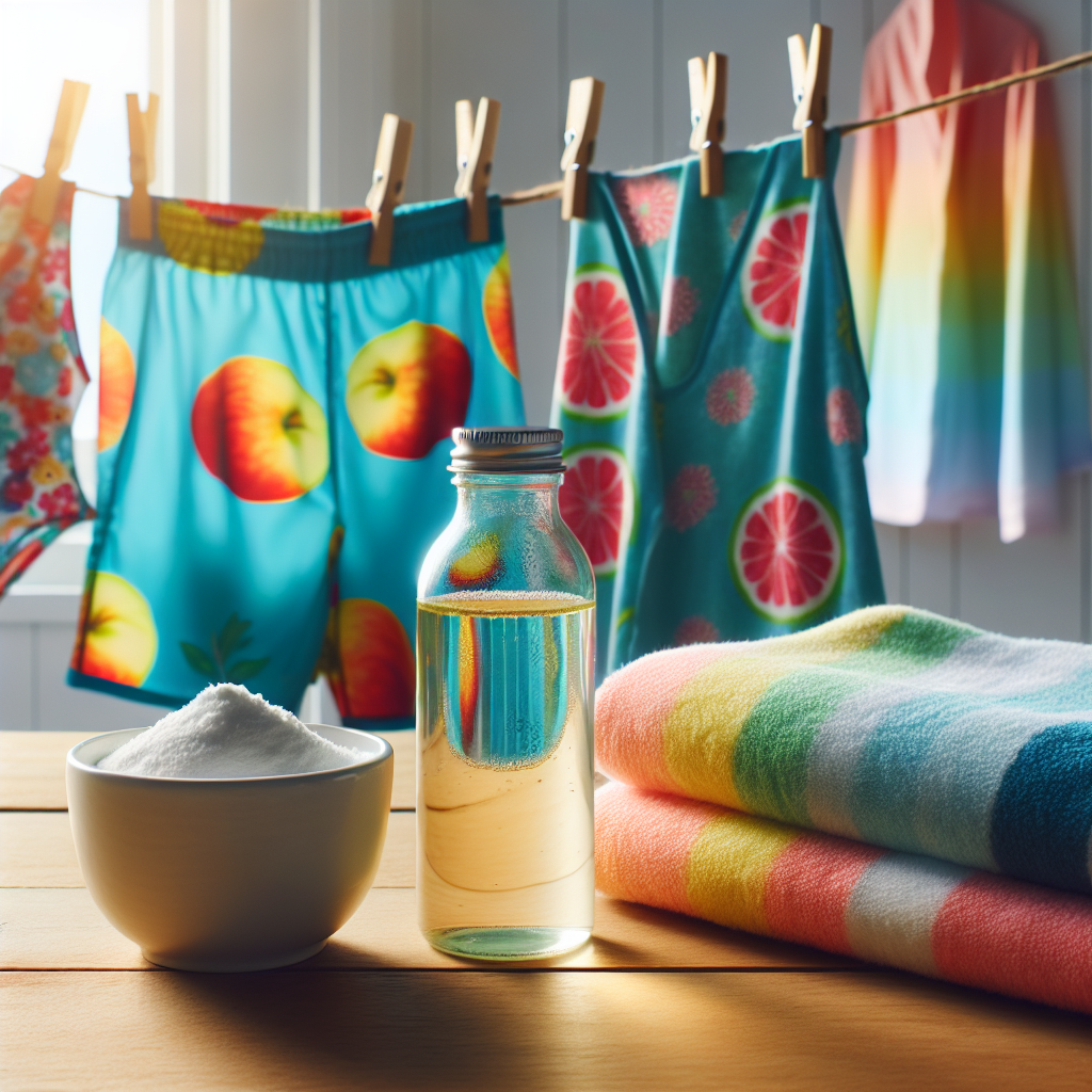 A vibrant, clean photo of a freshly washed towel or swimwear hanging to dry on a clothesline in a bright, airy space. In the foreground, a bottle of apple cider vinegar and a small bowl of baking soda are visible on a wooden surface, representing natural methods to neutralize chlorine odor from fabric.