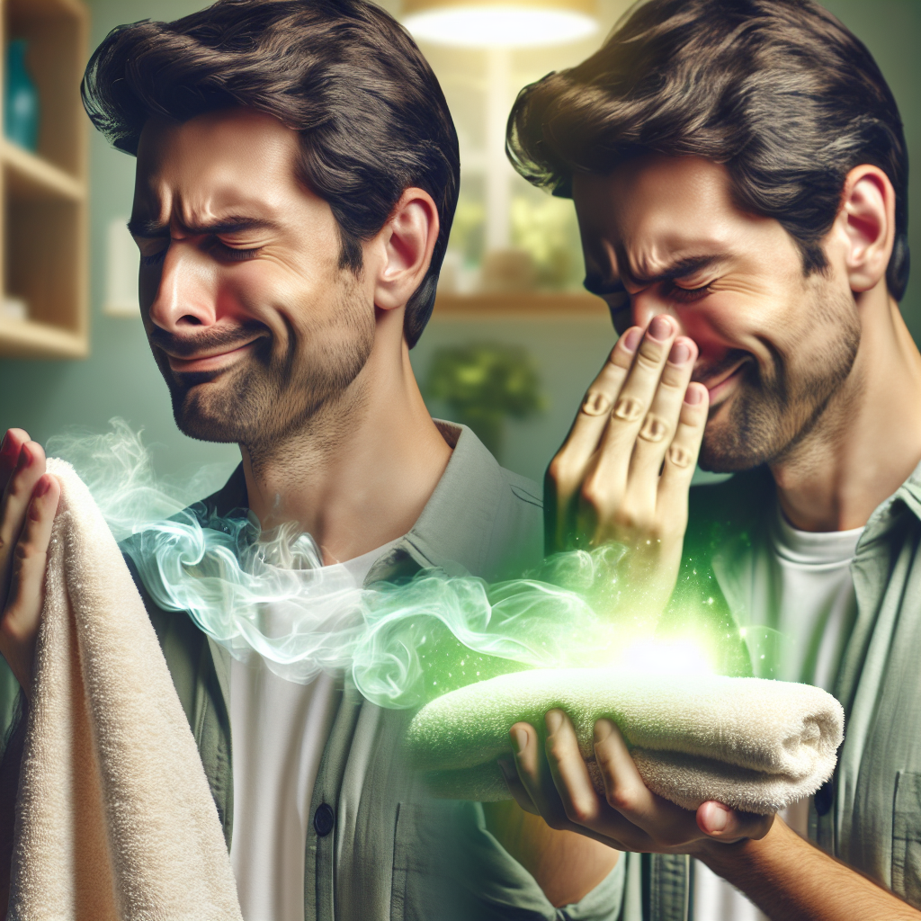 A person, visibly annoyed, holding their hand up to their nose, reacting to a lingering, unpleasant chlorine smell, perhaps indicated by a faint, slightly greenish, swirling vapor around their hand. The background is slightly blurry, perhaps a bathroom or laundry room. Seamlessly transitioning to the right side of the image, the same person, now smiling and looking relieved, holds a freshly washed, soft towel or a halved lemon, symbolizing cleanliness and fresh air. The lighting shifts from slightly dull to bright and fresh. High detail, realistic photography style.