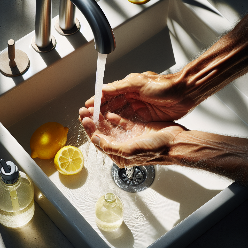 A close-up, top-down shot of hands being rinsed under a gentle stream of clear water in a clean, modern sink. On the edge of the sink or a nearby countertop, there are several vibrant yellow lemon halves and a small, elegant bottle of white vinegar, suggesting natural remedies. The scene emphasizes freshness, cleanliness, and natural light. Realistic, high-resolution photo.