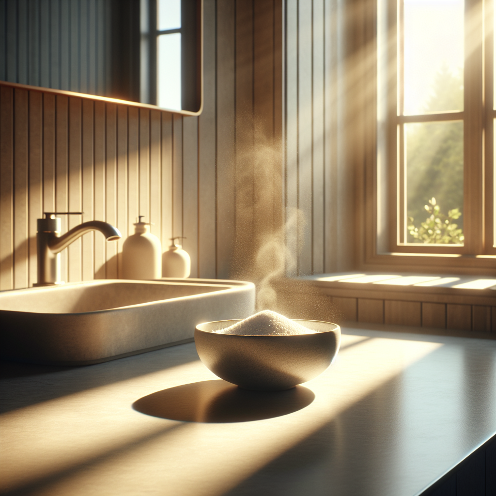 A serene, sun-drenched modern bathroom or kitchen. Sunlight streams through a partially open window, revealing a gentle, fresh aura in the air. On a clean countertop, a small, elegant ceramic bowl contains a natural odor neutralizer like baking soda or coffee grounds. The scene conveys a feeling of purity, comfort, and the absence of harsh chemical smells after cleaning, emphasizing freshness and natural remedies. Soft, diffused lighting, clean aesthetic.